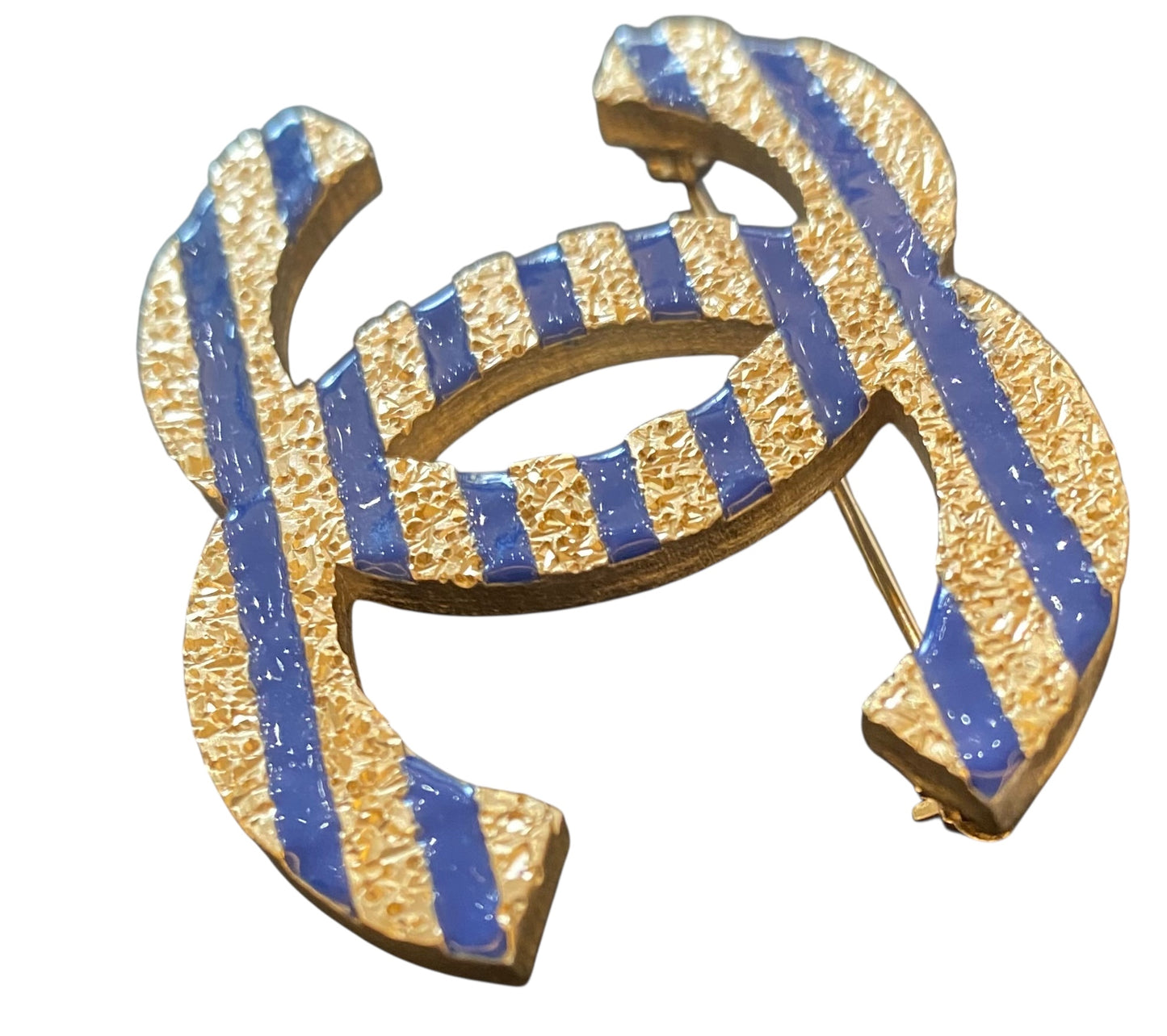 Chanel 19C La Pausa Large Blue Gold Stripe CC Brooch