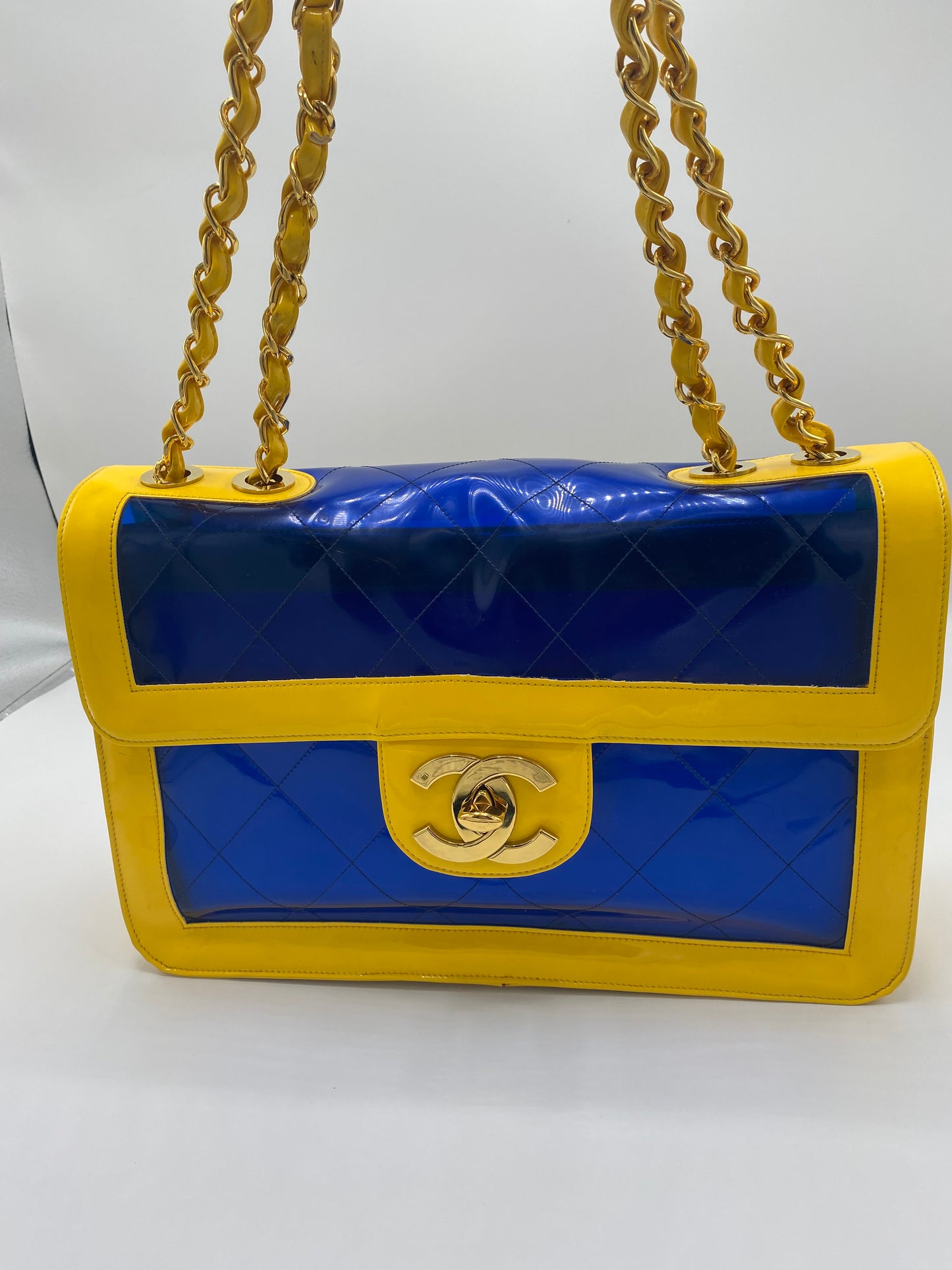 Extremely Rare Gem! 95P Barbie Bicolor Yellow and Blue Vinyl Maxi PVC Patent Flap Bag!