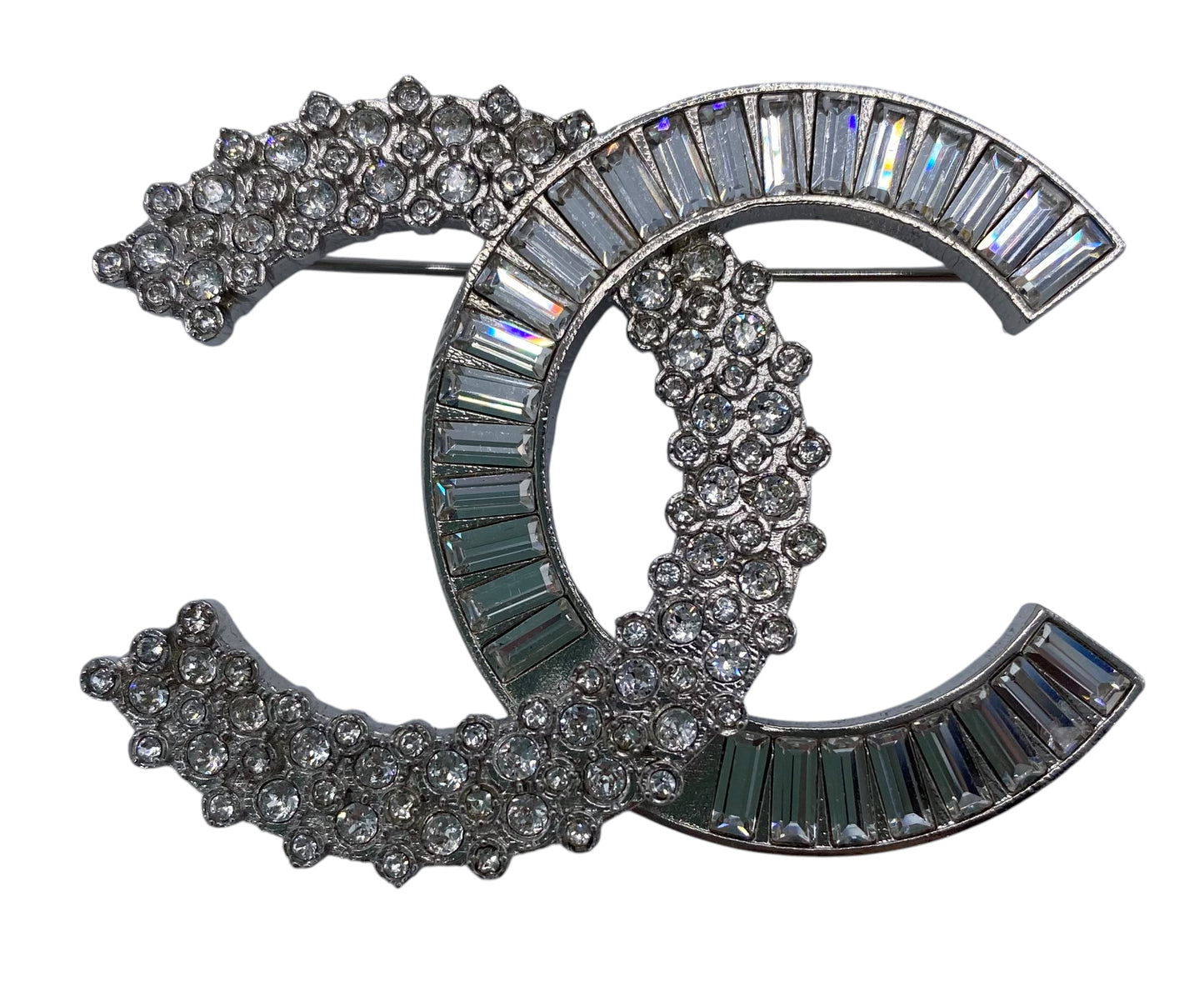 Chanel 2019 Large Silver Crystal Embellished CC Brooch