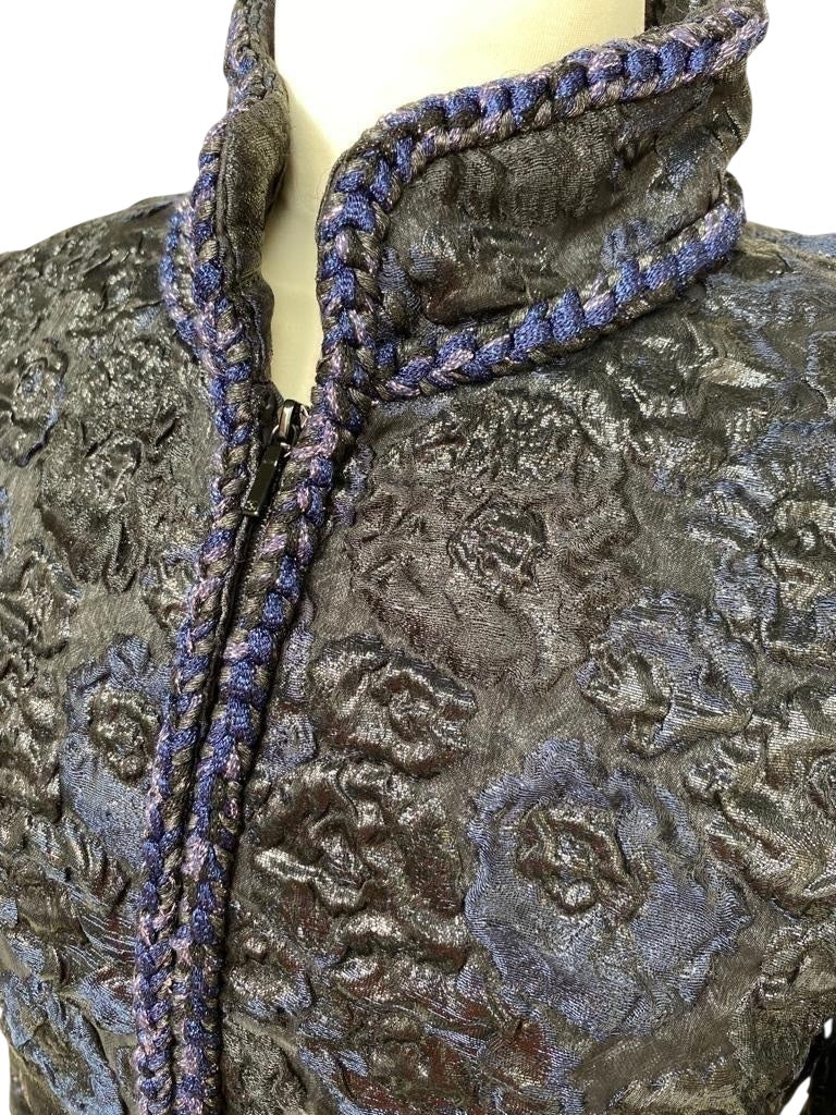 Chanel 16A Paris Rome Black Navy Metallic Camellia Jacquard Braid Long Coat Jacket FR 38