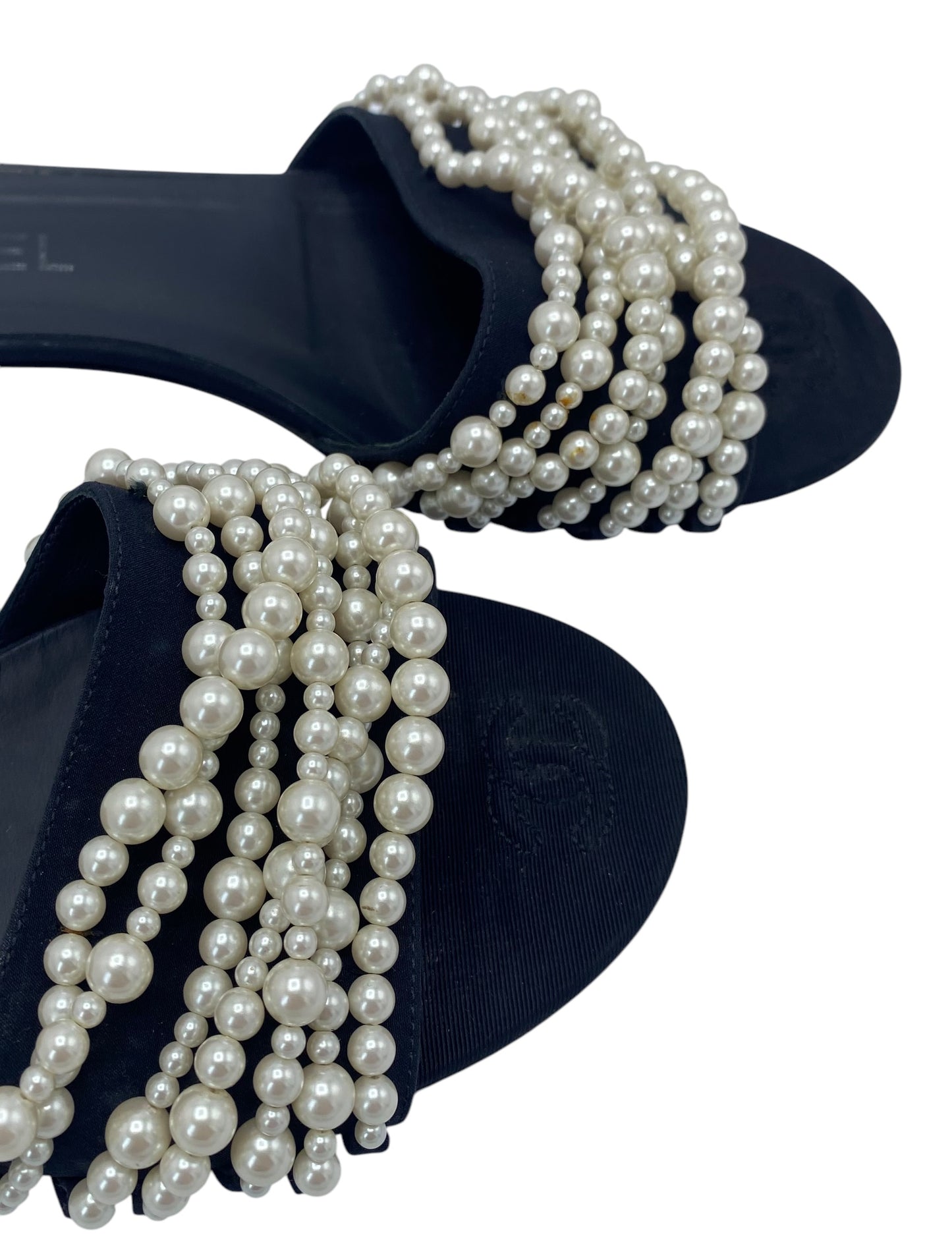 Chanel Classic Black White Pearl Slides Flats Sandals EU 39