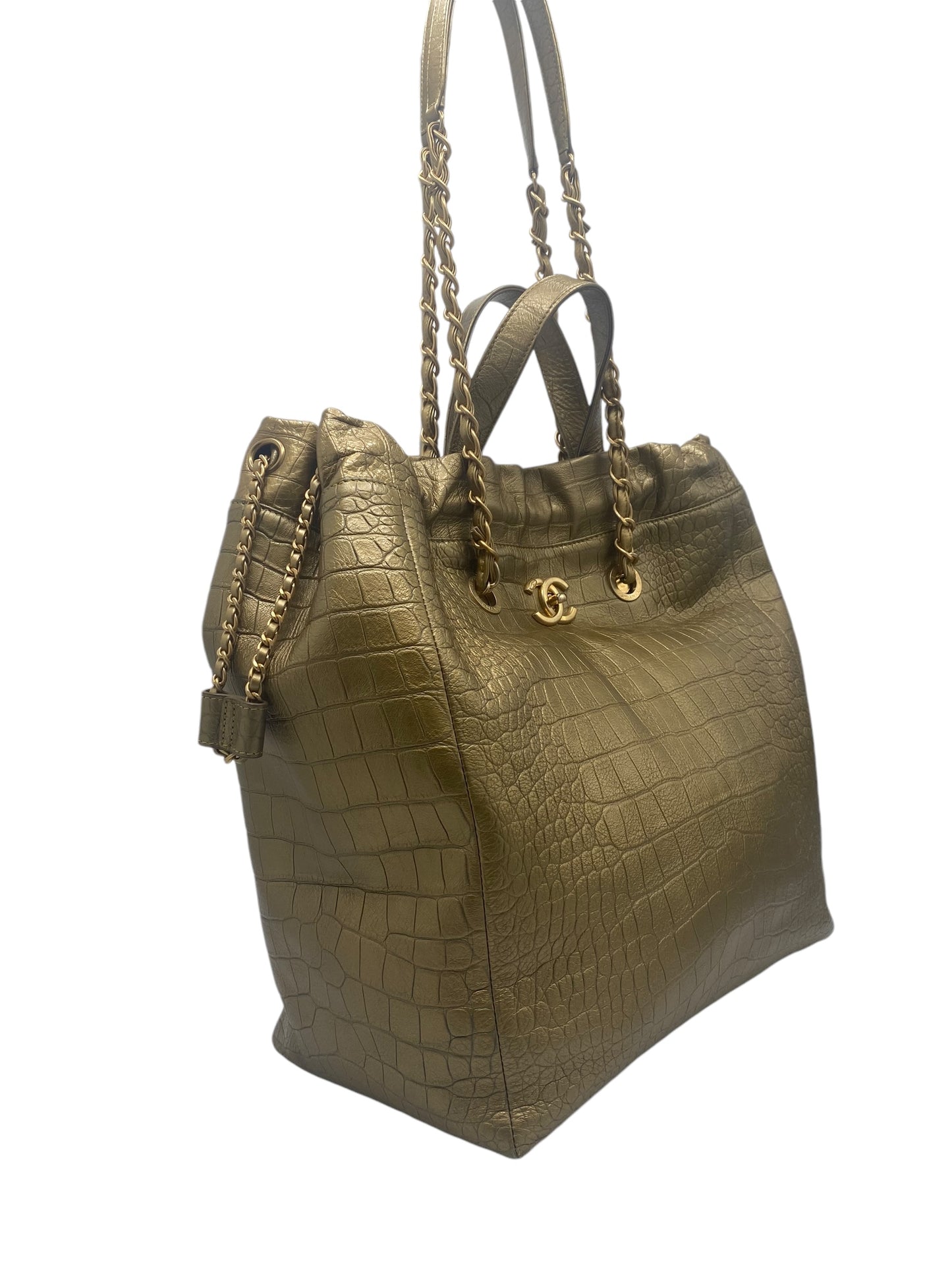 Chanel 19A Paris-New York Egyptian Limited Edition Croc Embossed Gold Leather Shopping Tote