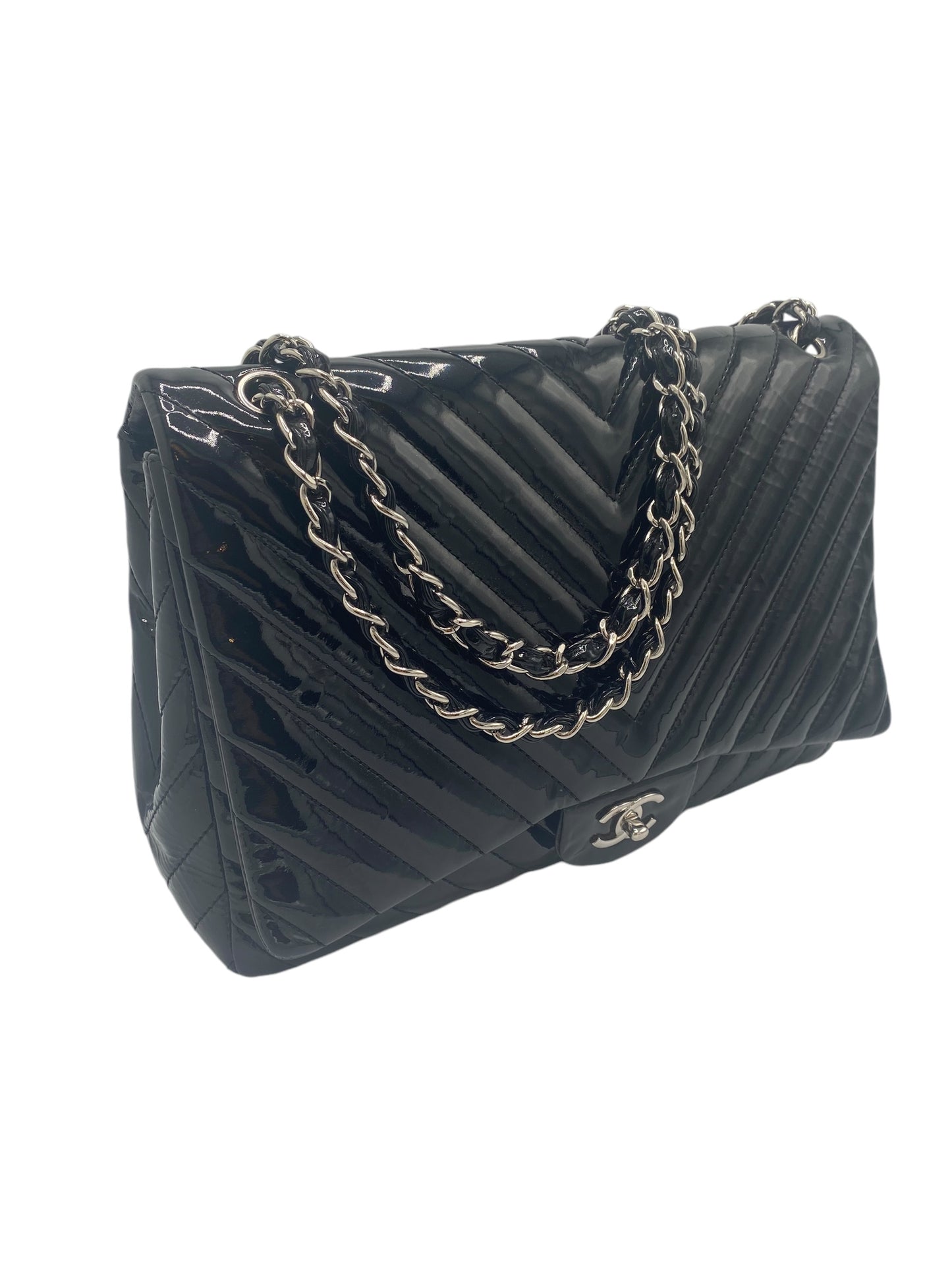 Chanel Black Maxi Patent Chevron Classic Flap Bag