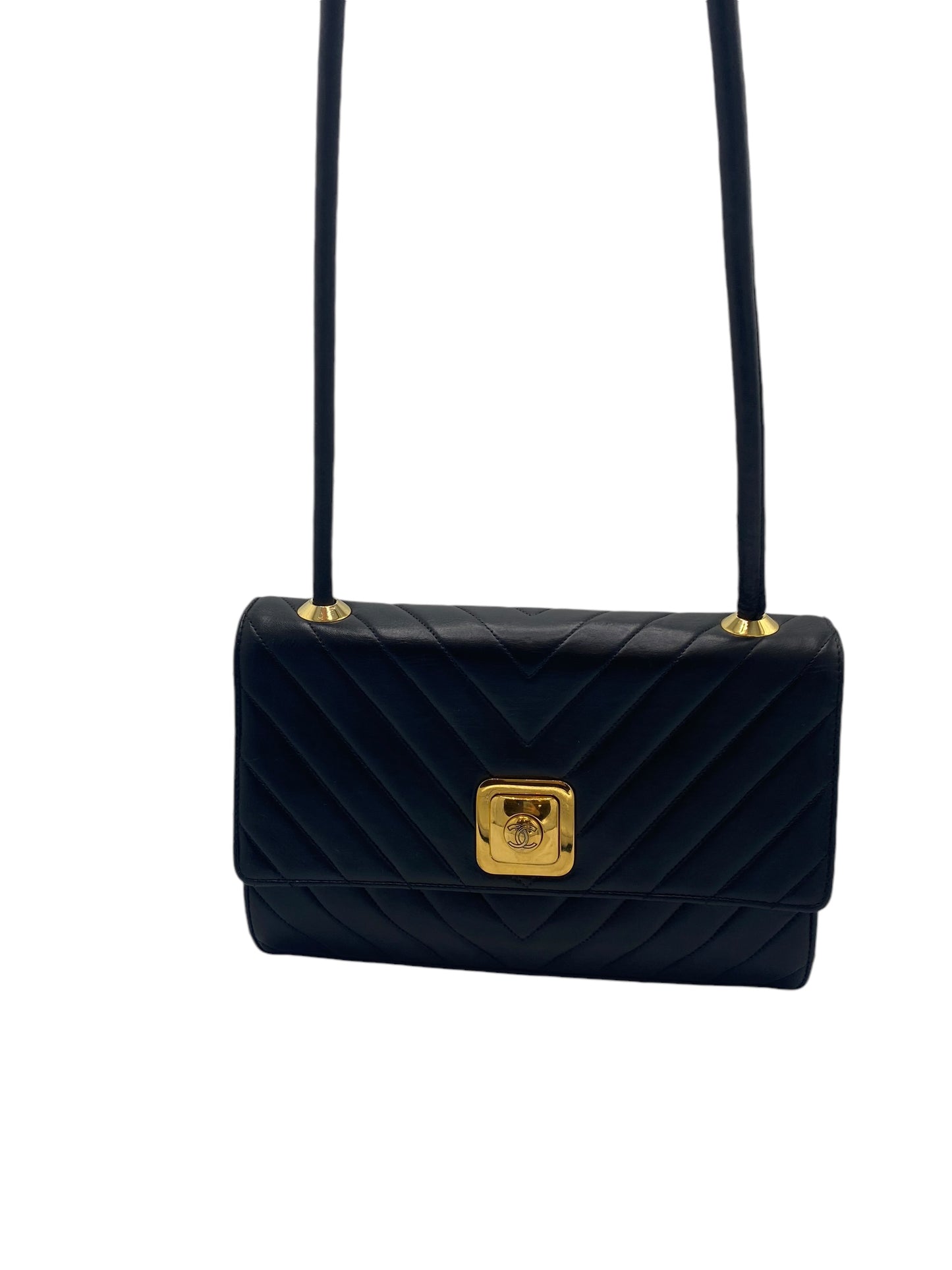Chanel Vintage 90’s CC Medium Black Chevron Lambskin Crossbody Classic Flap Bag 24K Plated GHW