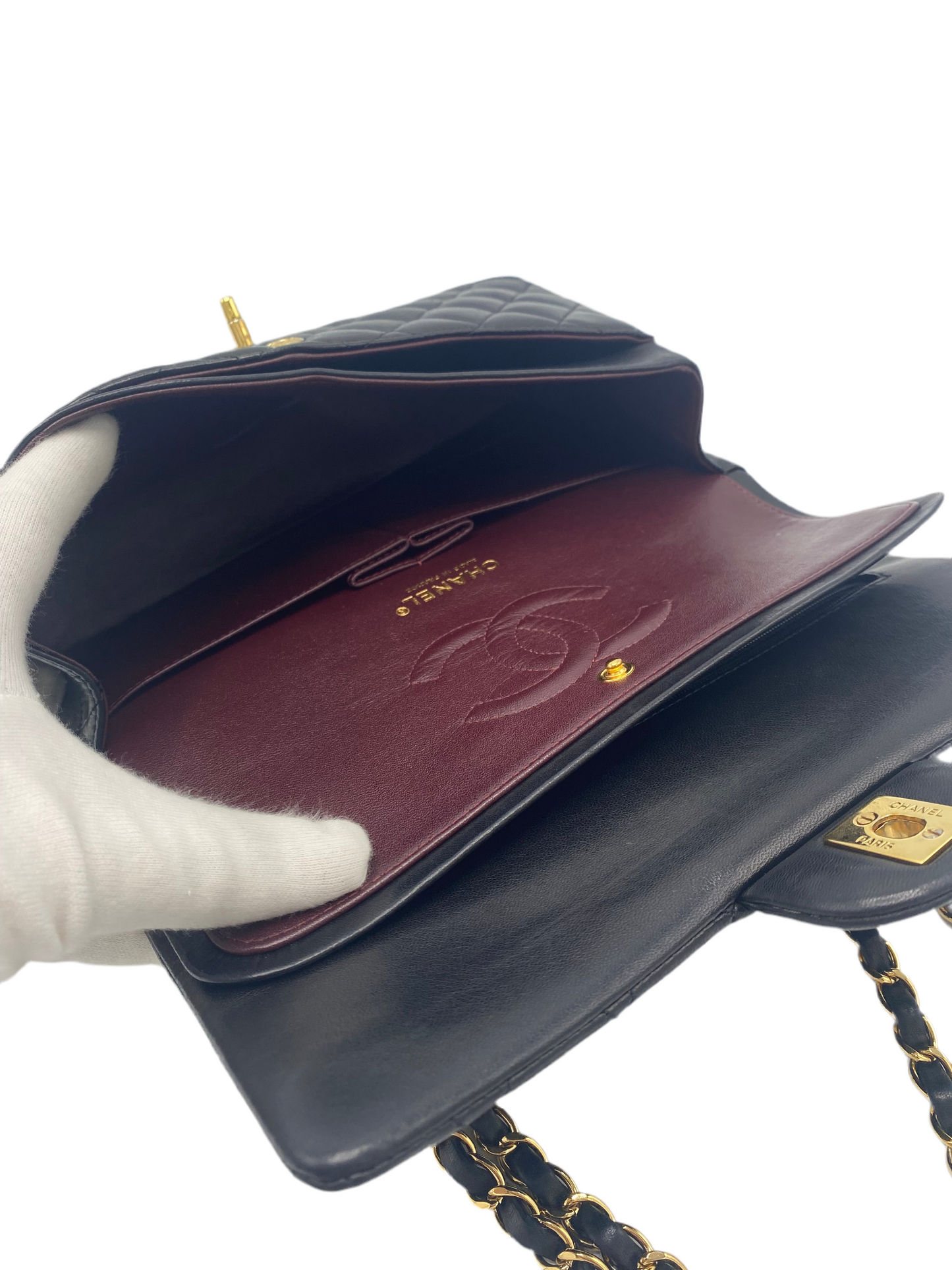 Chanel Classic Timeless Double Flap Medium Lambskin Black Shiny Gold Hardware