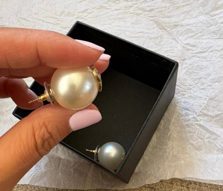 Chanel 14S XL Pearl Pale Champaign Gold Tone Stud Earrings