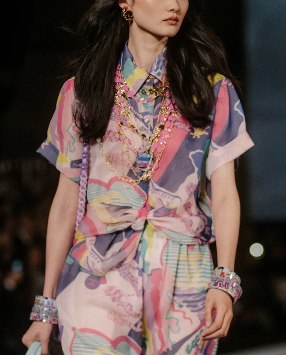 Chanel 24C Runway MultiColor Graffiti Silk Harem Pants FR 34
