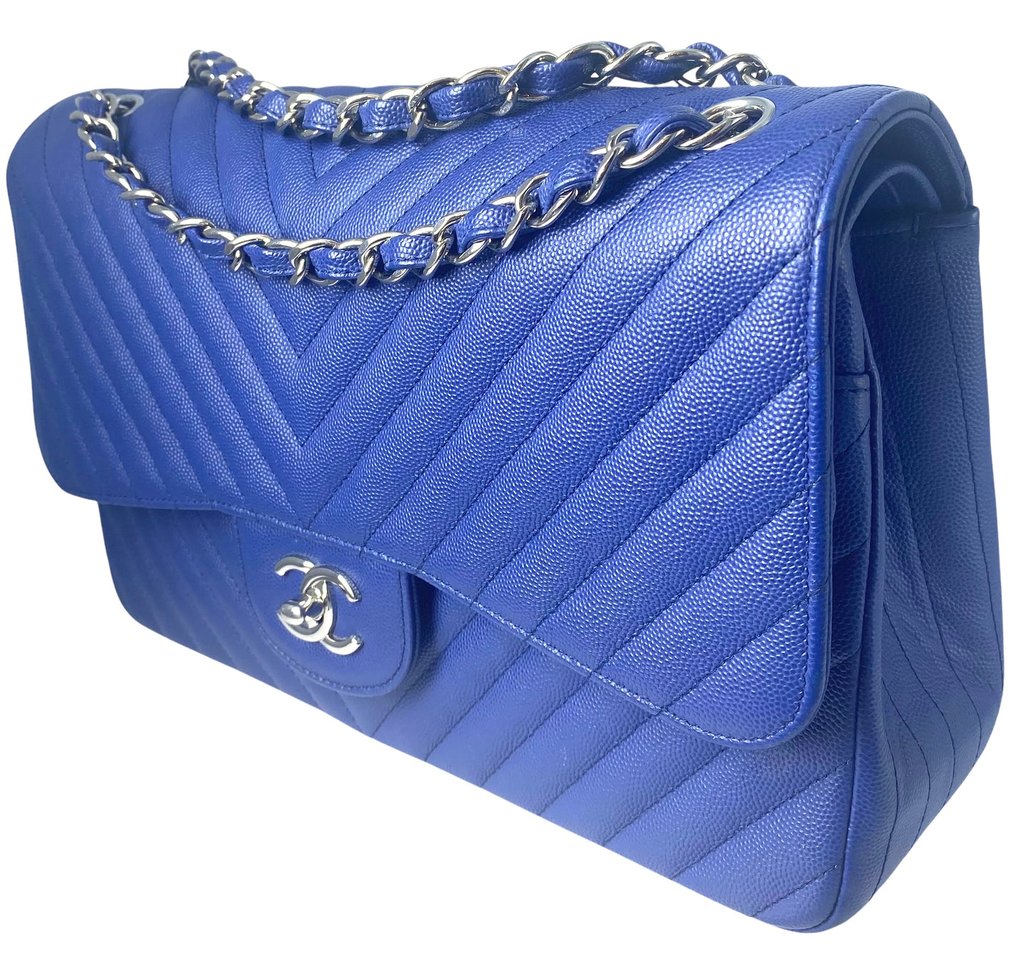 Chanel 2019 Bright Blue Caviar Chevron Quilted Jumbo Double Flap Timeless Classic Bag SHW