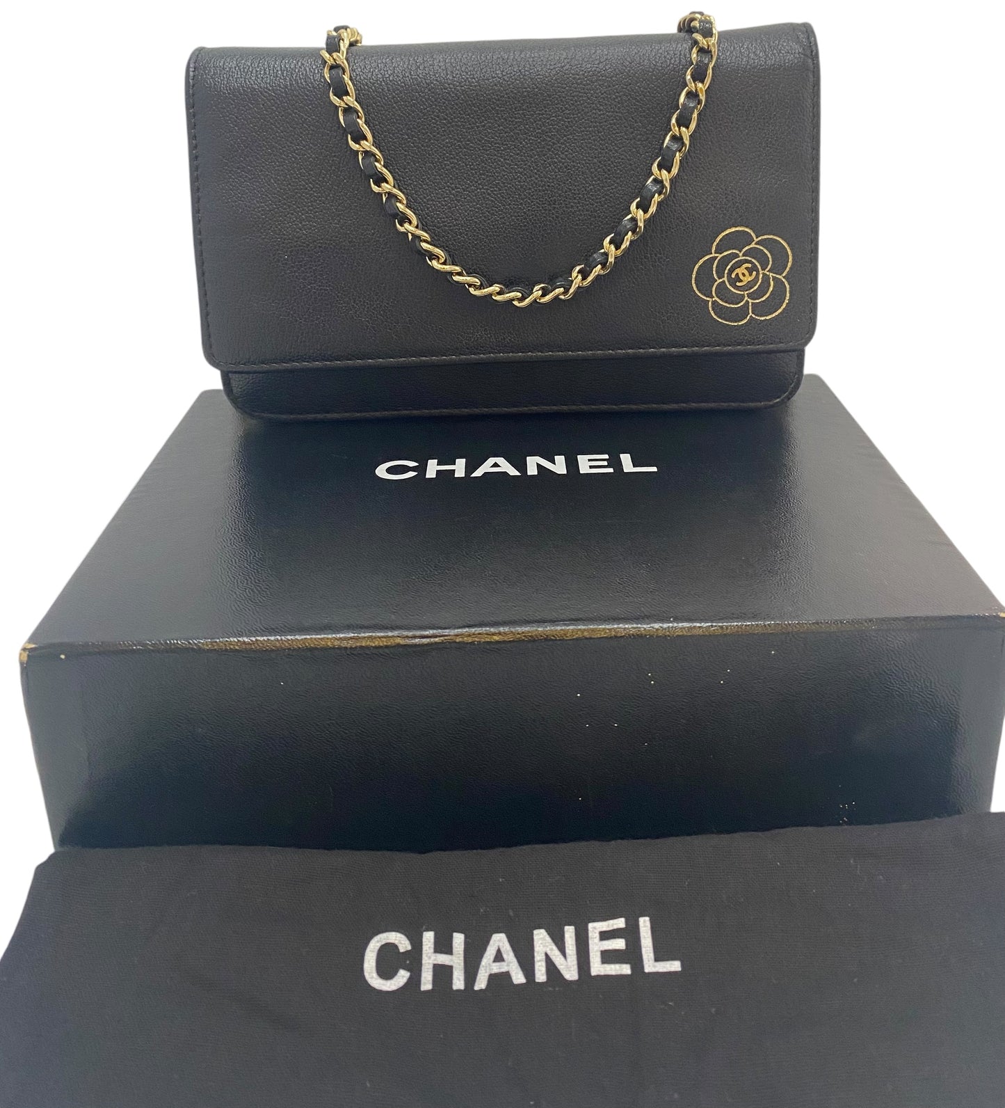 Chanel Grained Black Leather Camellia Wallet On Chain WOC Shoulder Bag GHW