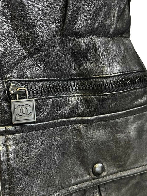 Chanel 07A Runway Black Lambskin Leather Utility Jacket Coat FR 40