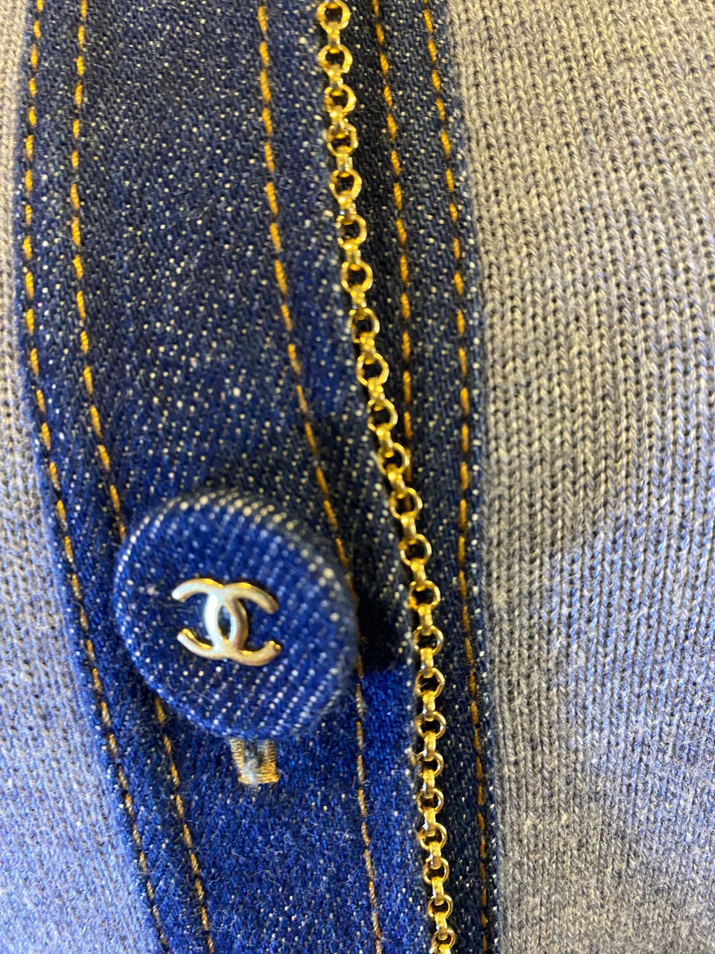 Chanel 07P Spring Blue Denim Trim Chain Link Cardigan Jacket Size FR 40/42