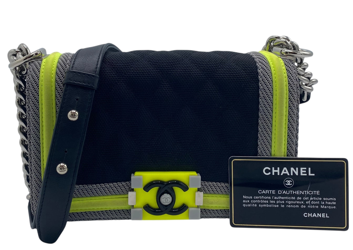 Chanel 2016 Small Canvas Quilted Neon Yellow Black Fluo Boy Flap
