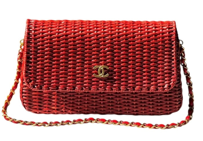 Chanel Extremely Rare 2001 Spring Red Wicker Basket Classic Flap Handbag with Matte Gold Hardware