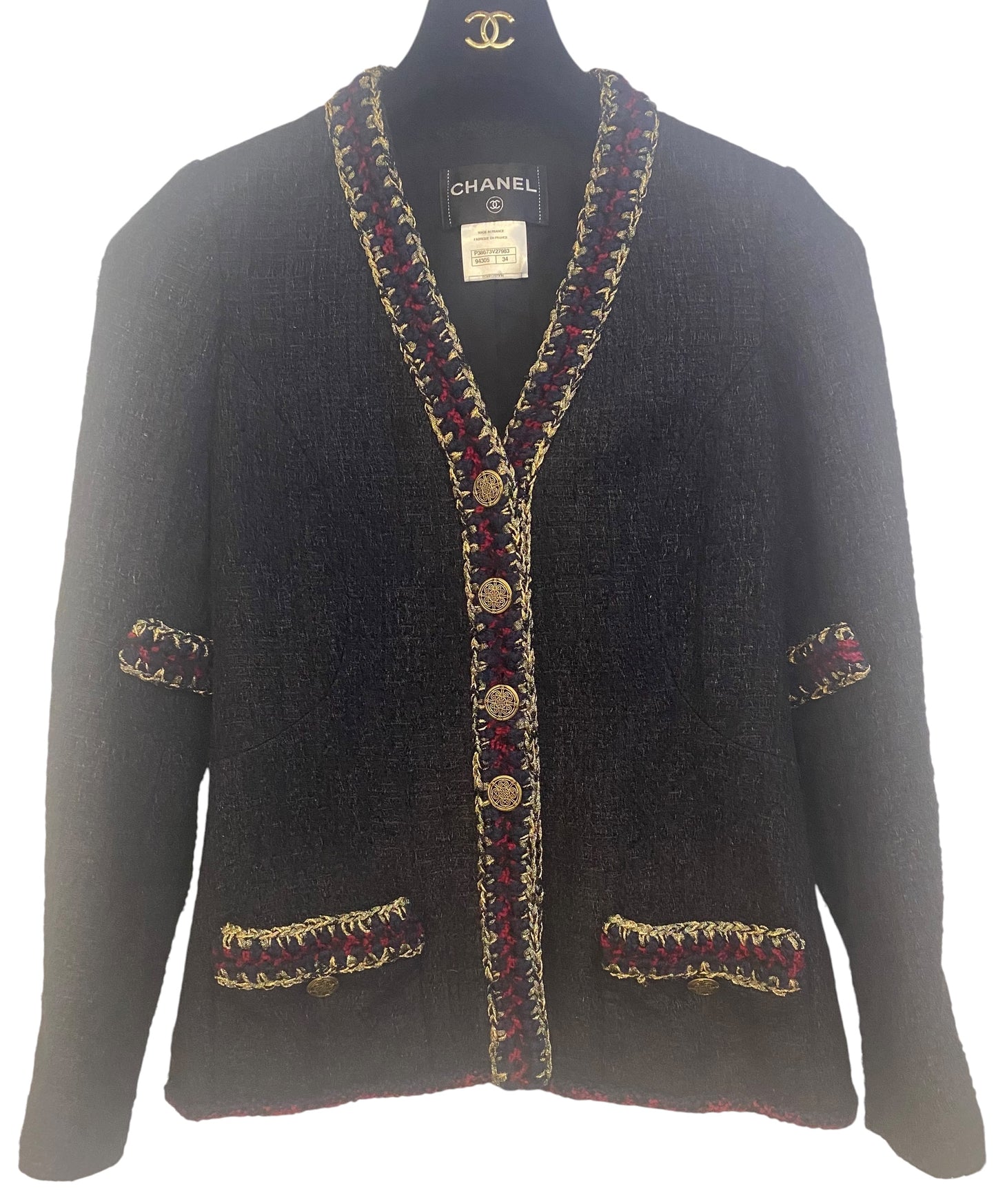 CHANEL 10A PARIS-SHANGHAI BLACK TWEED BRAIDED TRIM JACKET FR 34