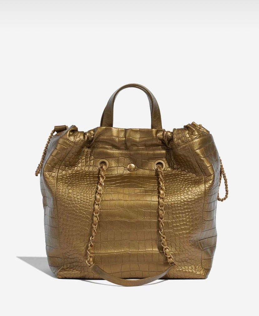 Chanel 19A Paris-New York Egyptian Limited Edition Croc Embossed Gold Leather Shopping Tote