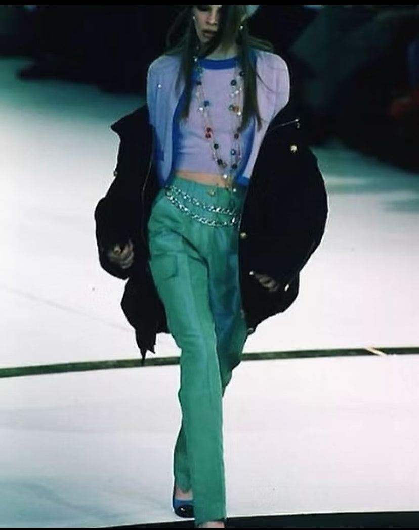Vintage Chanel 96A Runway Iridescent Green Cargo Army Pants Trousers FR 34/36