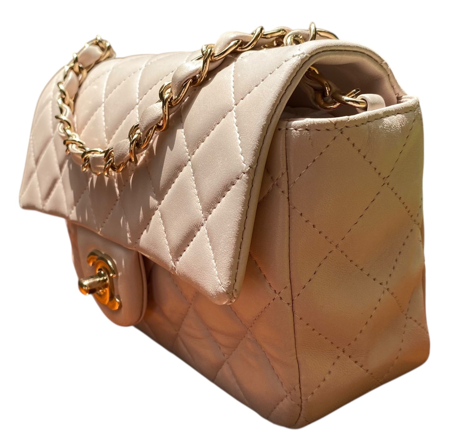 Chanel Light Nude Pink Lambskin Quilted Mini Classic Flap Bag Champagne Hardware