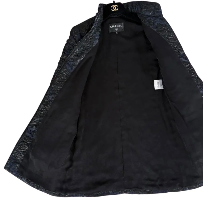 Chanel 16A Paris Rome Black Navy Metallic Camellia Jacquard Braid Long Coat Jacket FR 38
