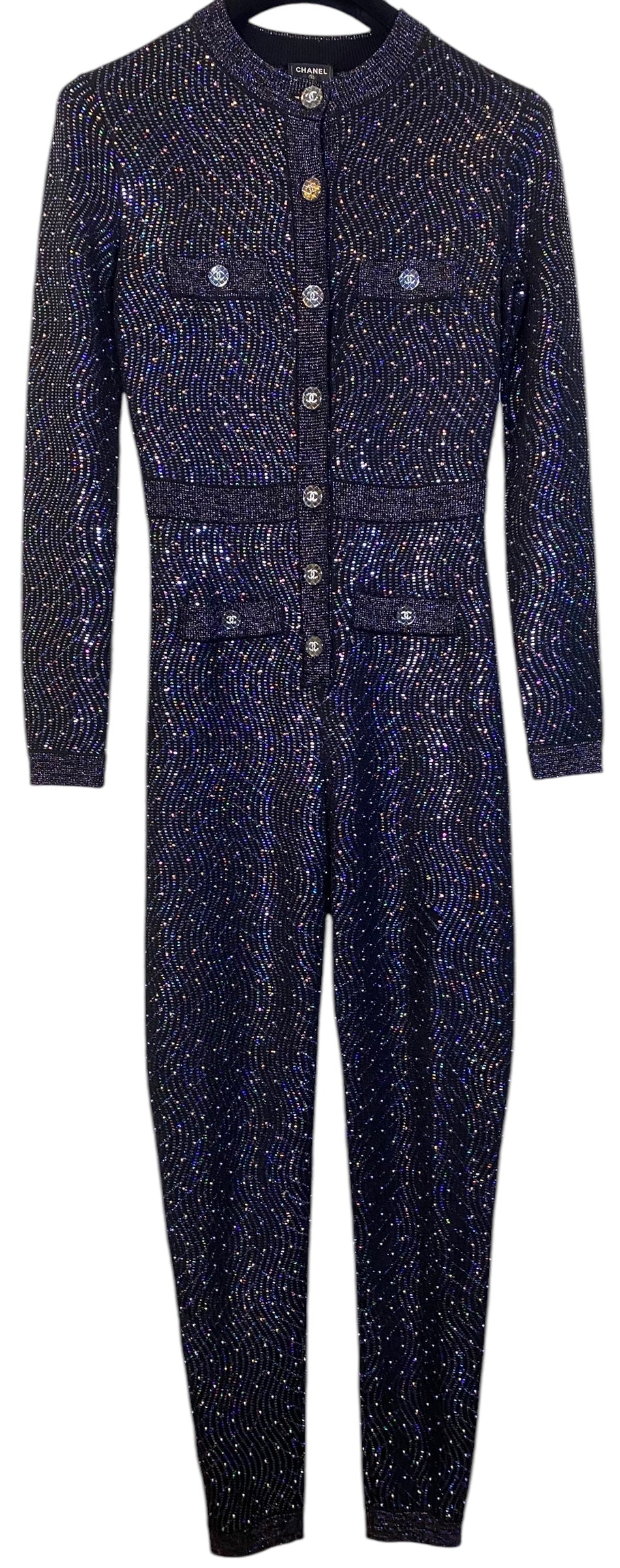 Stunning Chanel 21K Beaded Crystal Sequin Navy Black Iridescent Jumpsuit FR 36