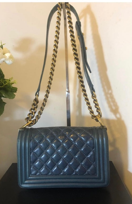 Chanel Blue Quilted Glazed Aged Calfskin Small Boy Bag Antique Gold Hardware