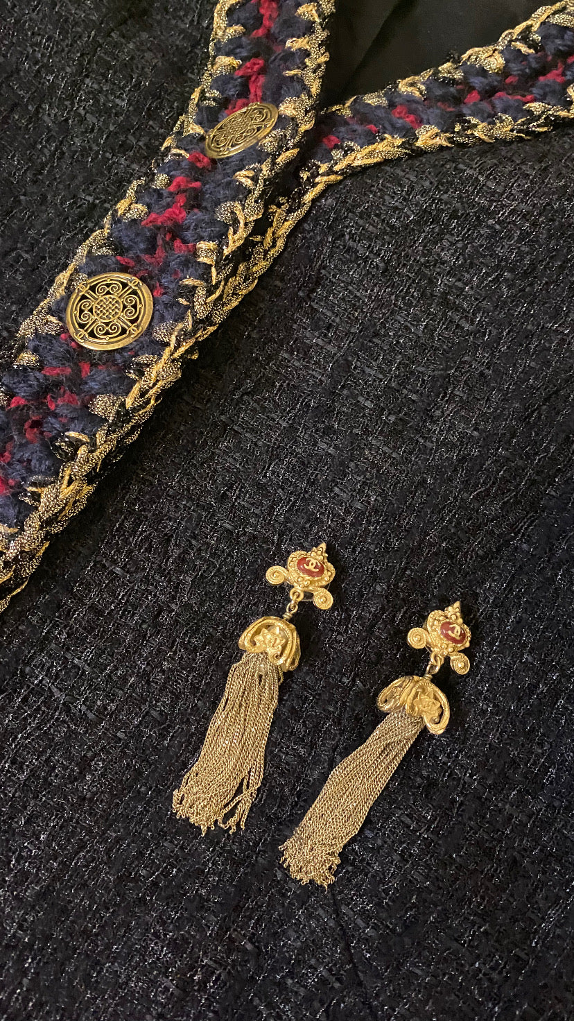 RARE Chanel 10A Paris Shanghai Gold-Tone Red Enamel Long Chain Tassel Drop Earrings