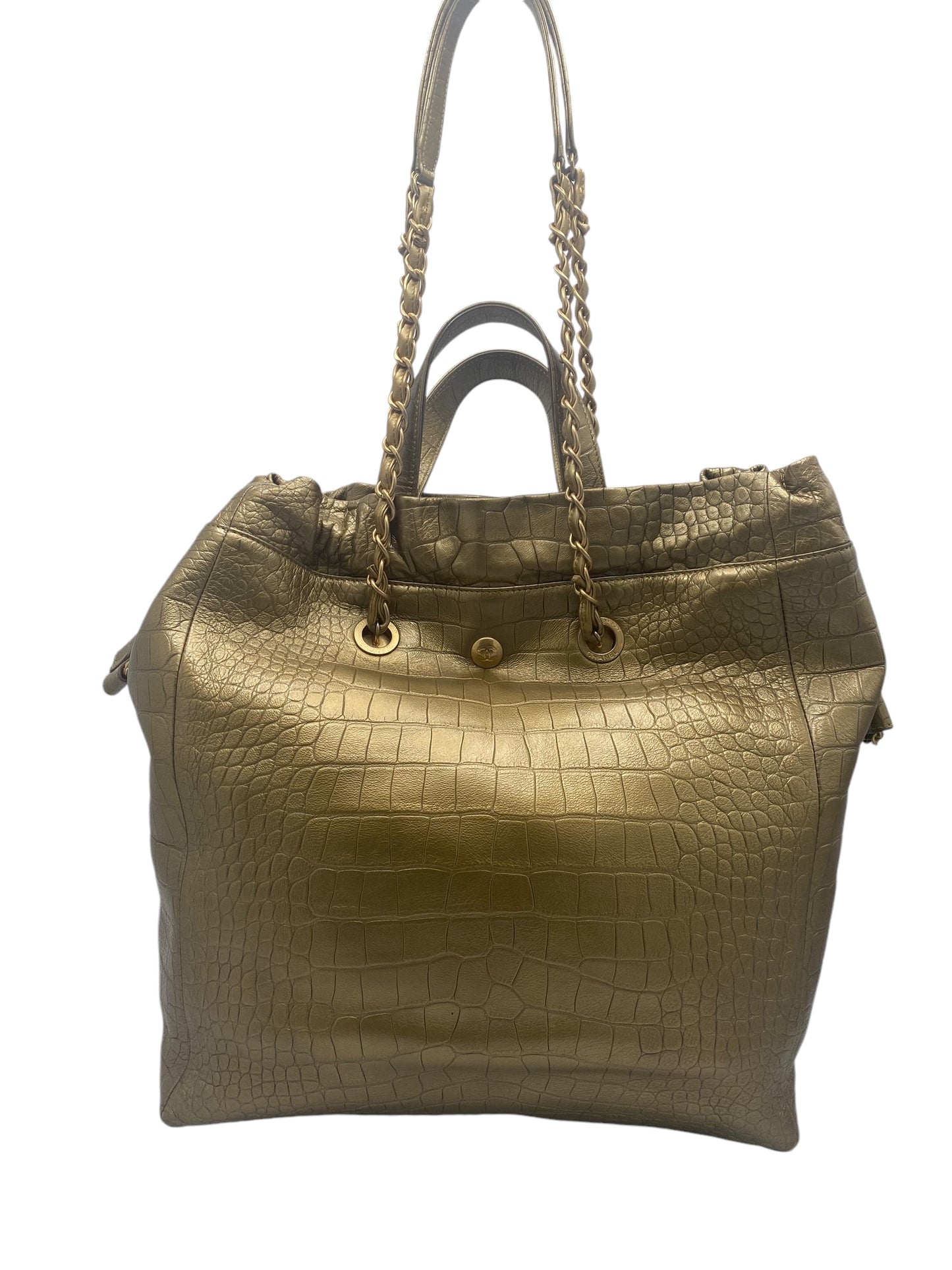 Chanel 19A Paris-New York Egyptian Limited Edition Croc Embossed Gold Leather Shopping Tote