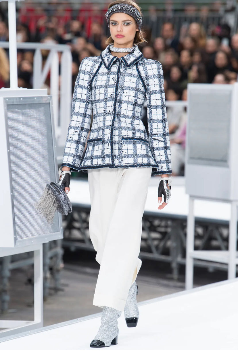 Chanel 17A Space Station Black White Ecru Metallic Fantasy Tweed Jacket FR 38