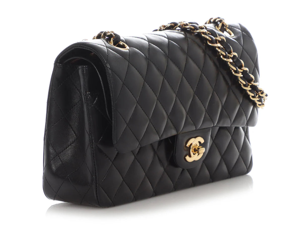 Chanel Classic Timeless Double Flap Medium Lambskin Black Shiny Gold Hardware