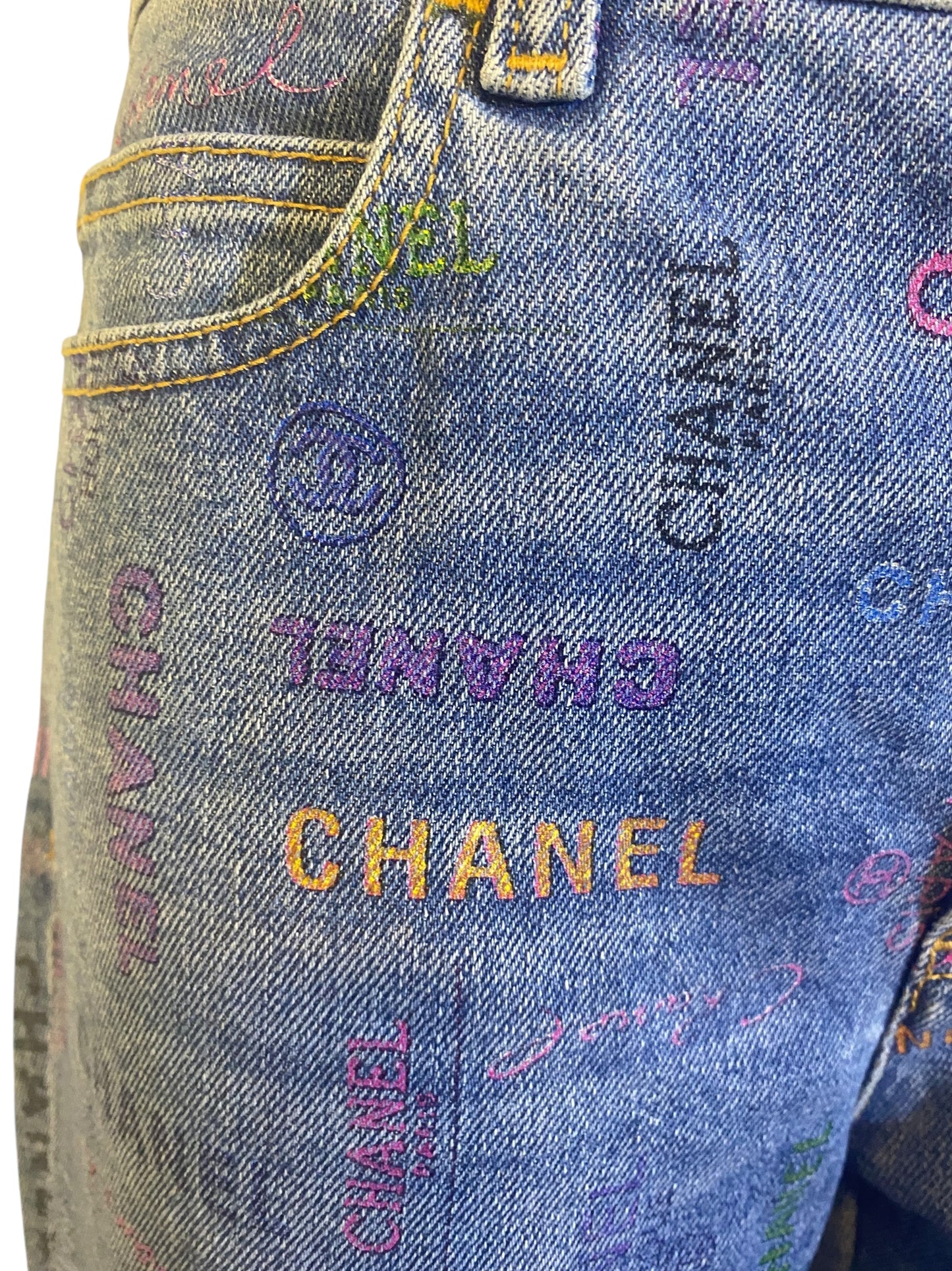 CHANEL 22P Blue & Multicolor Printed Stretch Denim Jeans FR 40