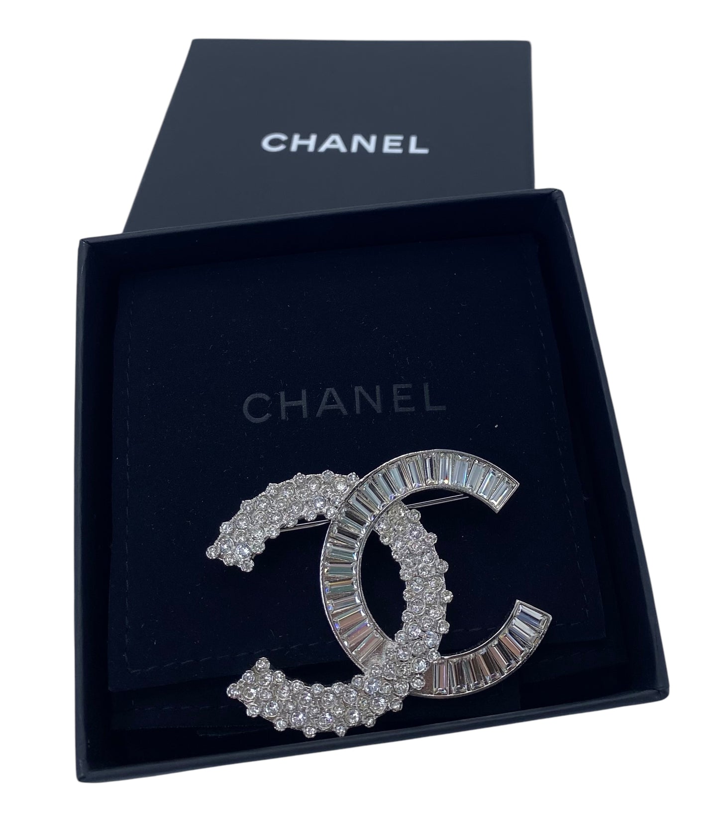 Chanel 2019 Large Silver Crystal Embellished CC Brooch