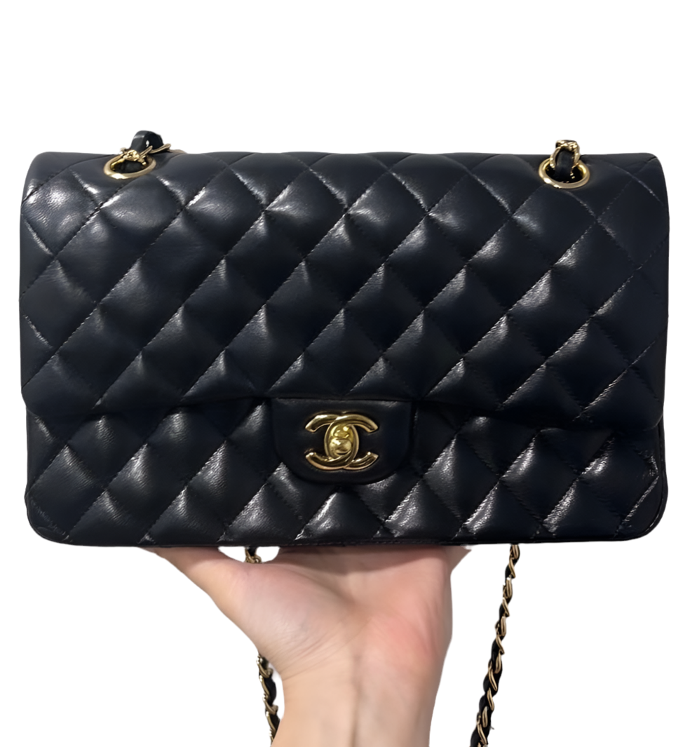 Chanel Classic Timeless Double Flap Medium Lambskin Black Shiny Gold Hardware