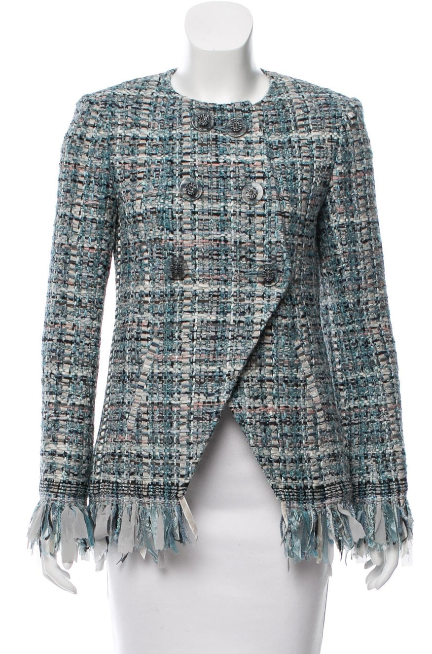 Chanel 17A Paris-Cosmopolite Blue Fantasy Tweed Fringe Jacket FR 44