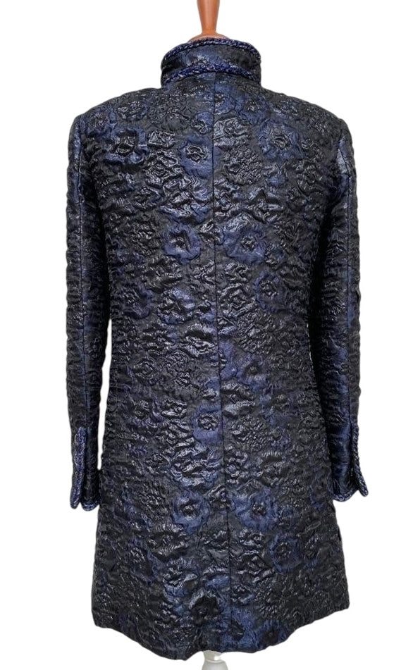 Chanel 16A Paris Rome Black Navy Metallic Camellia Jacquard Braid Long Coat Jacket FR 38