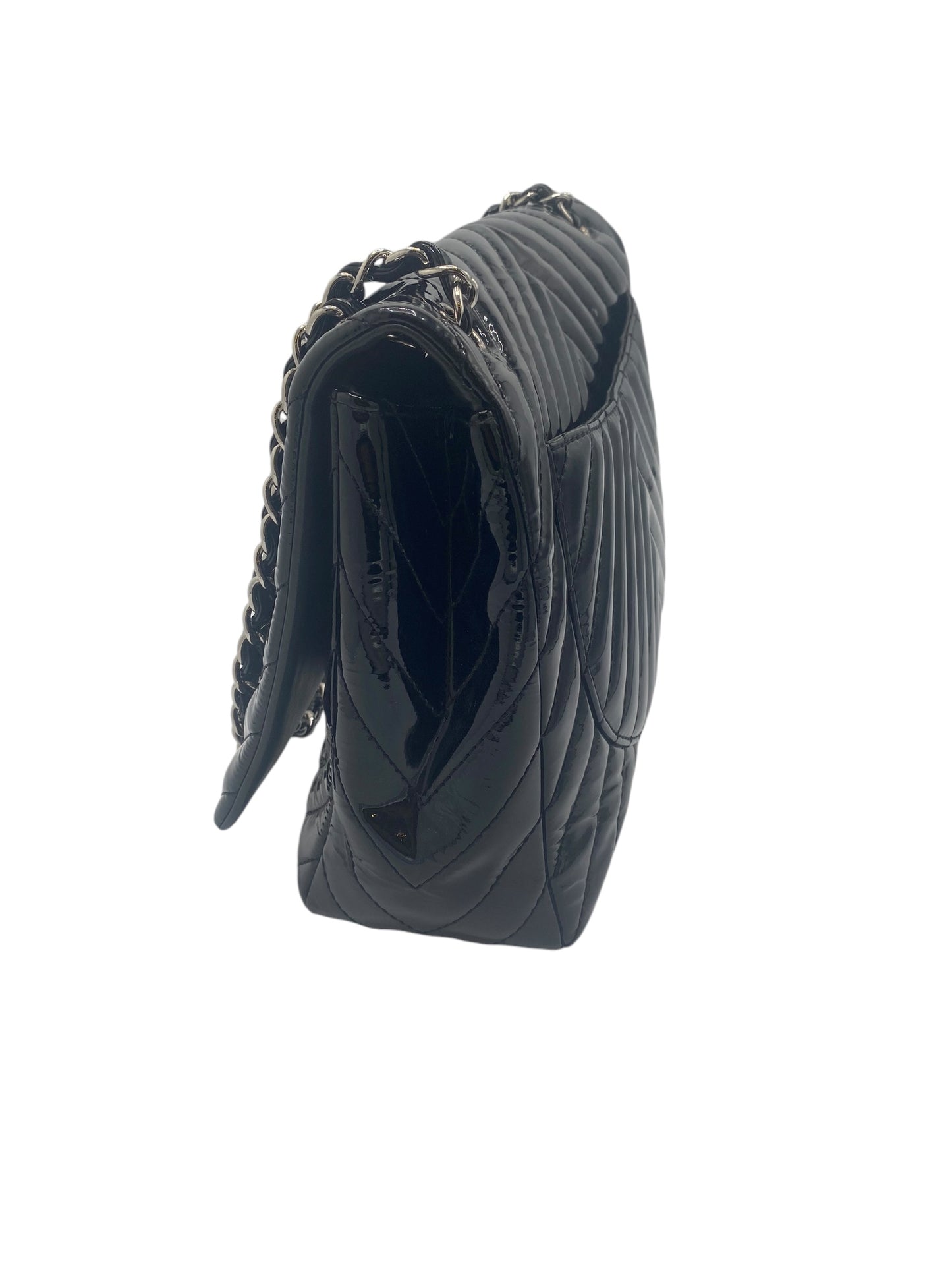 Chanel Black Maxi Patent Chevron Classic Flap Bag