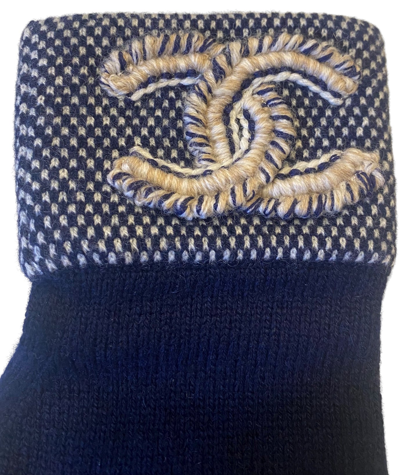 Chanel 20A Navy Blue White Ecru CC Cashmere Gloves