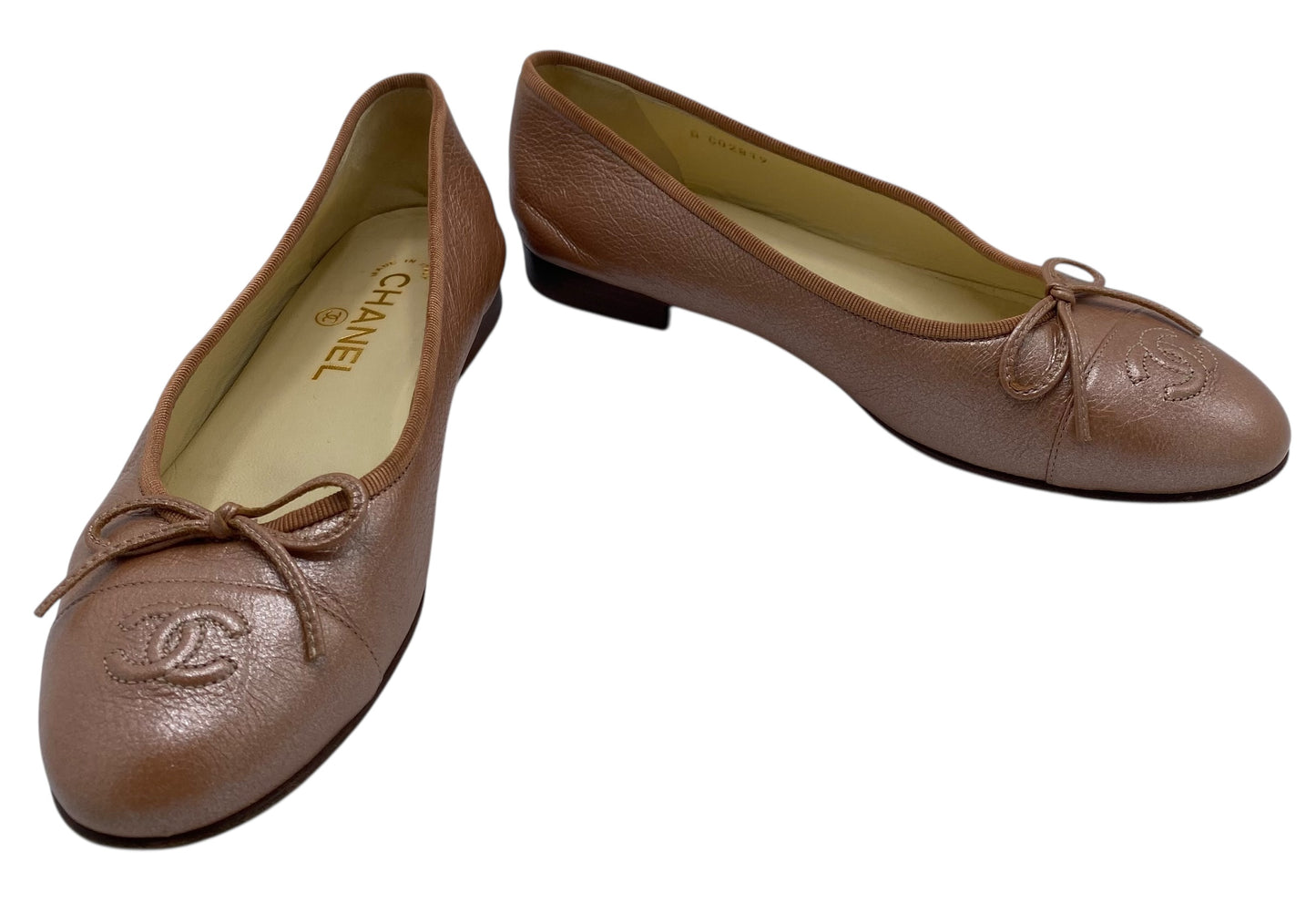 Chanel Rose Gold Leather CC Cap Toe Bow Ballet Flats EU 38C