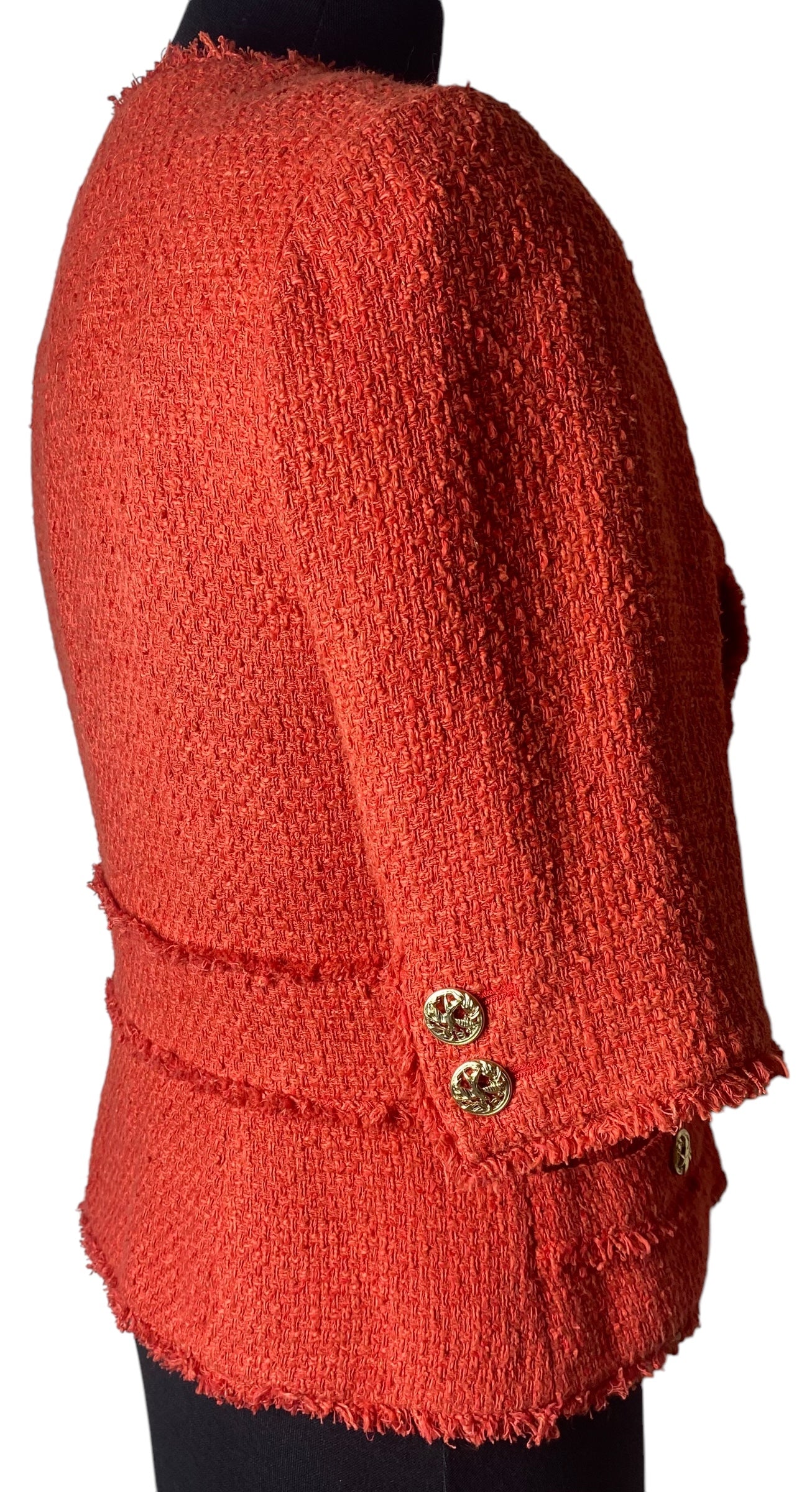 Chanel 10P Runway Red Boucle Tweed Fringe Jacket FR 44