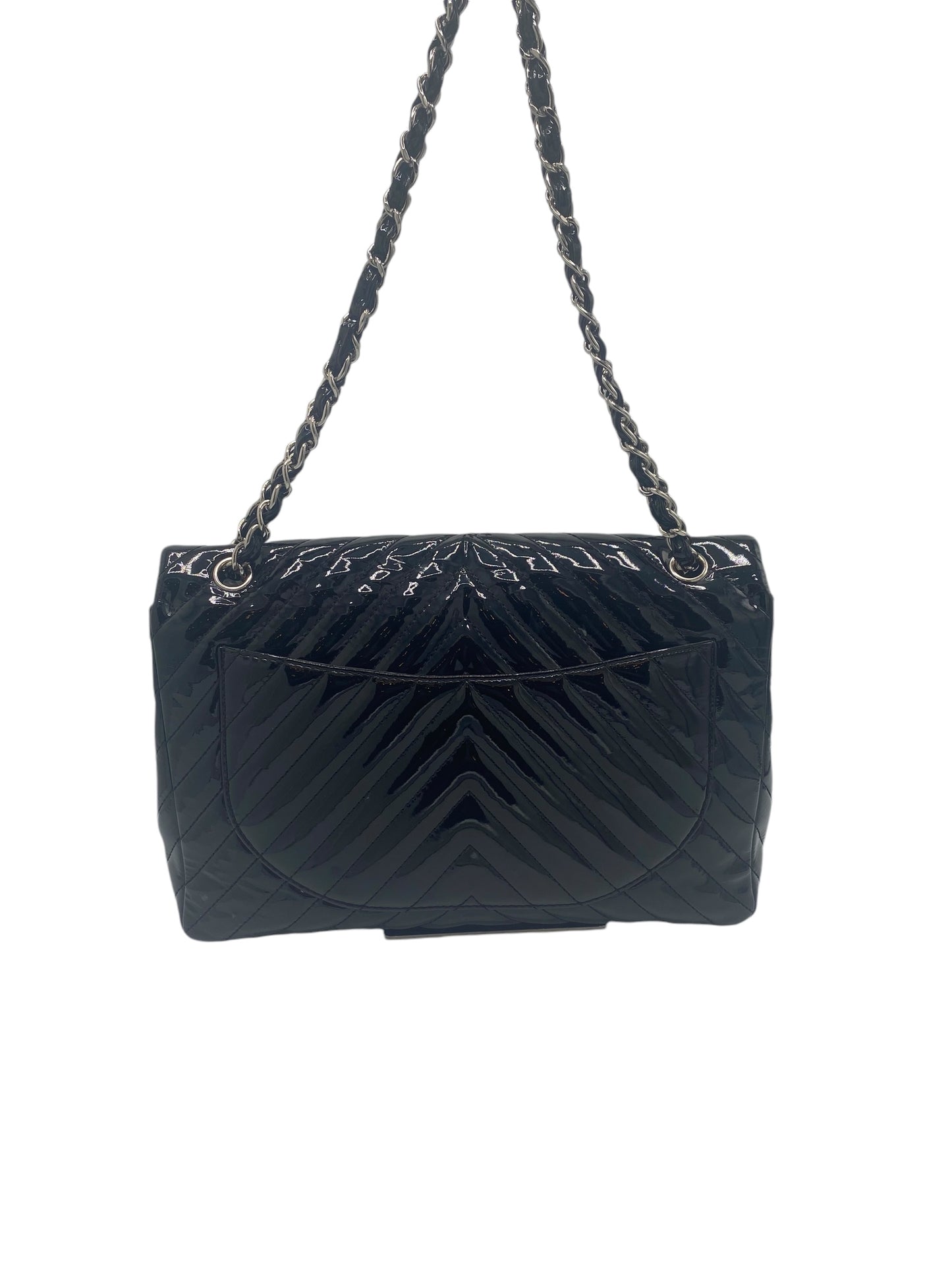 Chanel Black Maxi Patent Chevron Classic Flap Bag