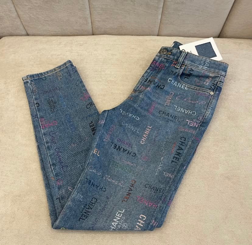 CHANEL 22P Blue & Multicolor Printed Stretch Denim Jeans FR 40