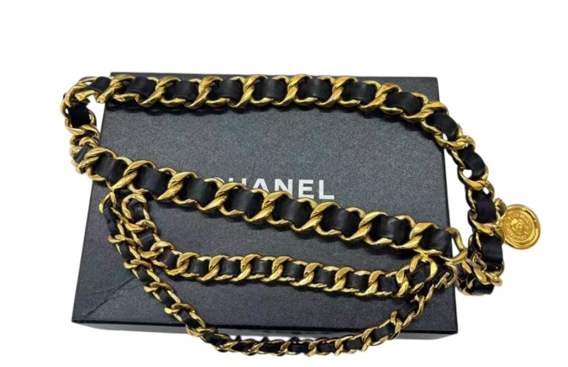 Chanel Vintage 93P Jumbo 3 Strand Black Golds Leather Belt