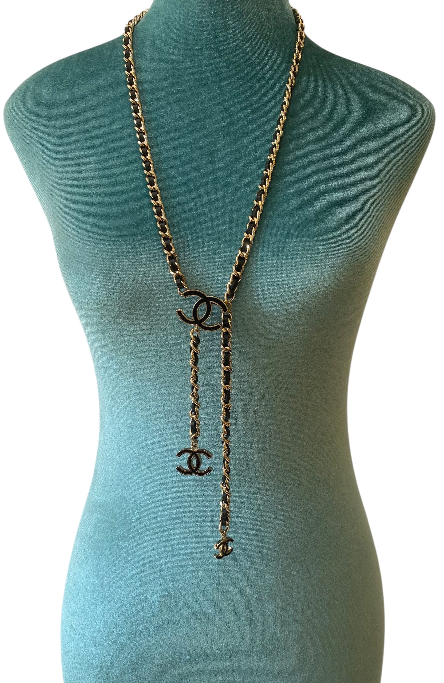 Chanel 2014 Black Leather CC Charm Gold Tone Chain Belt/Necklace