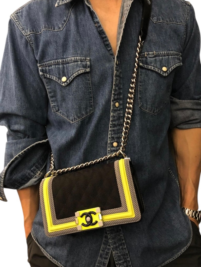 Chanel 2016 Small Canvas Quilted Neon Yellow Black Fluo Boy Flap
