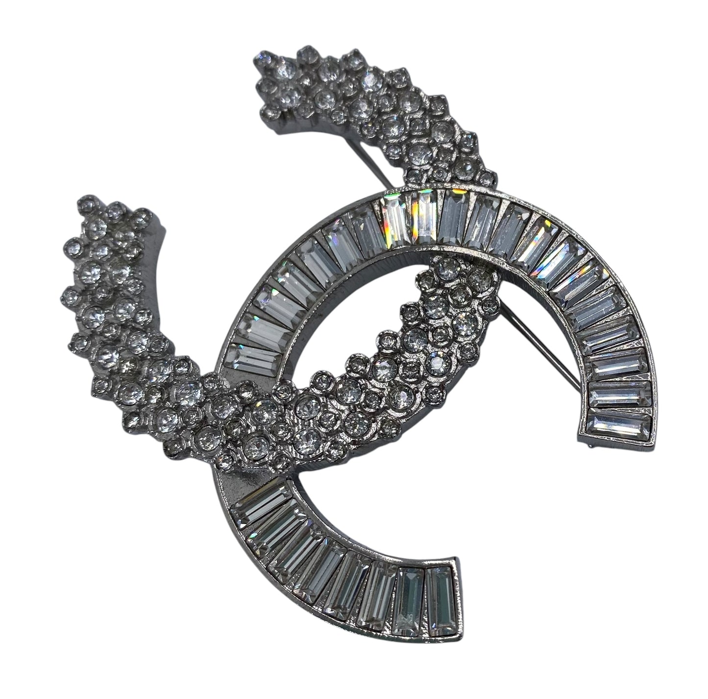 Chanel 2019 Large Silver Crystal Embellished CC Brooch
