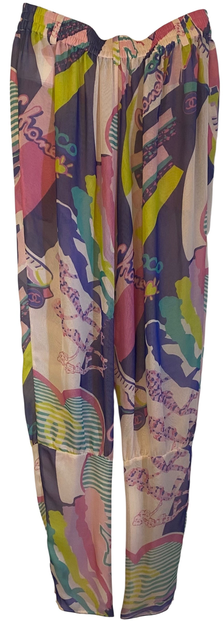Chanel 24C Runway MultiColor Graffiti Silk Harem Pants FR 34