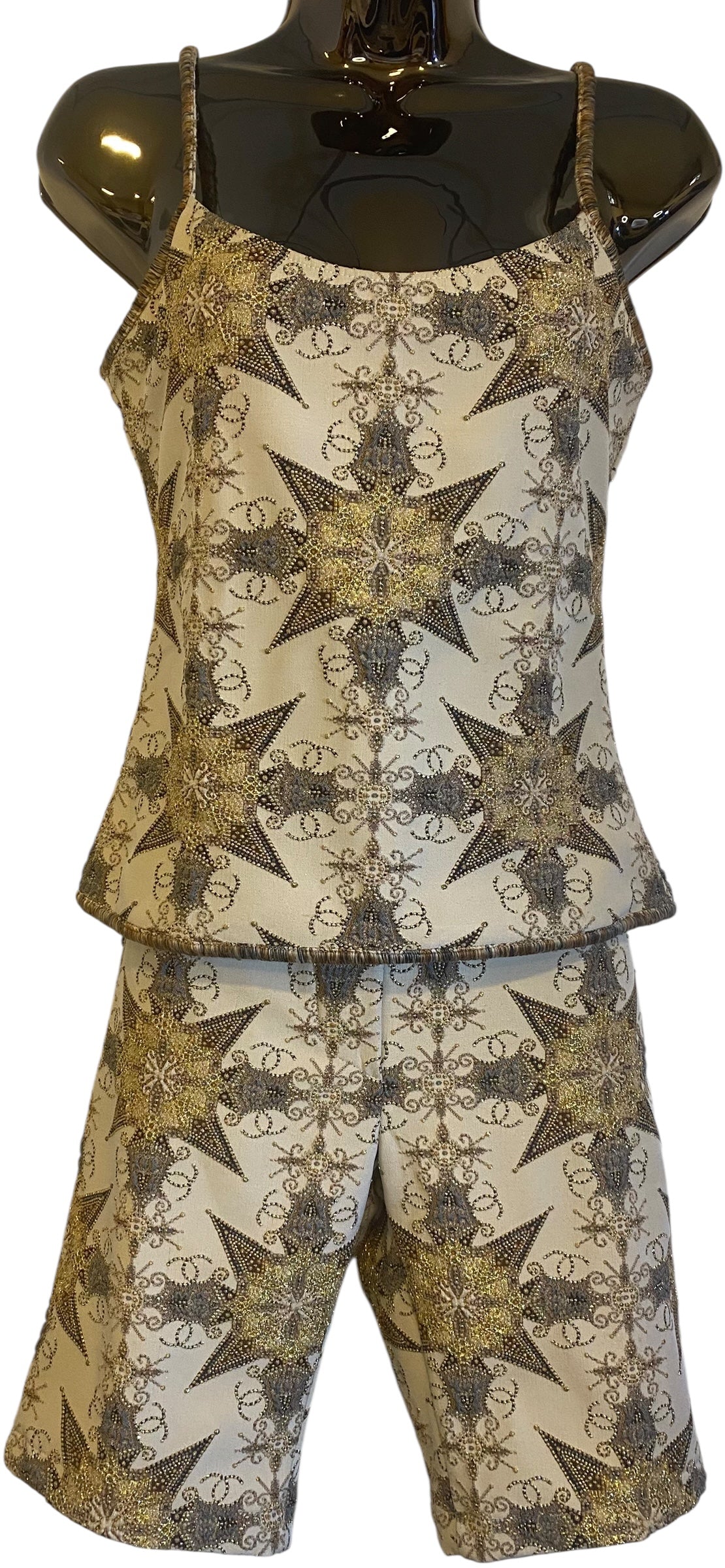 Rare Chanel 06P Ecru Gold Metallic Tank Top Camisole & Matching Shorts SET FR 38