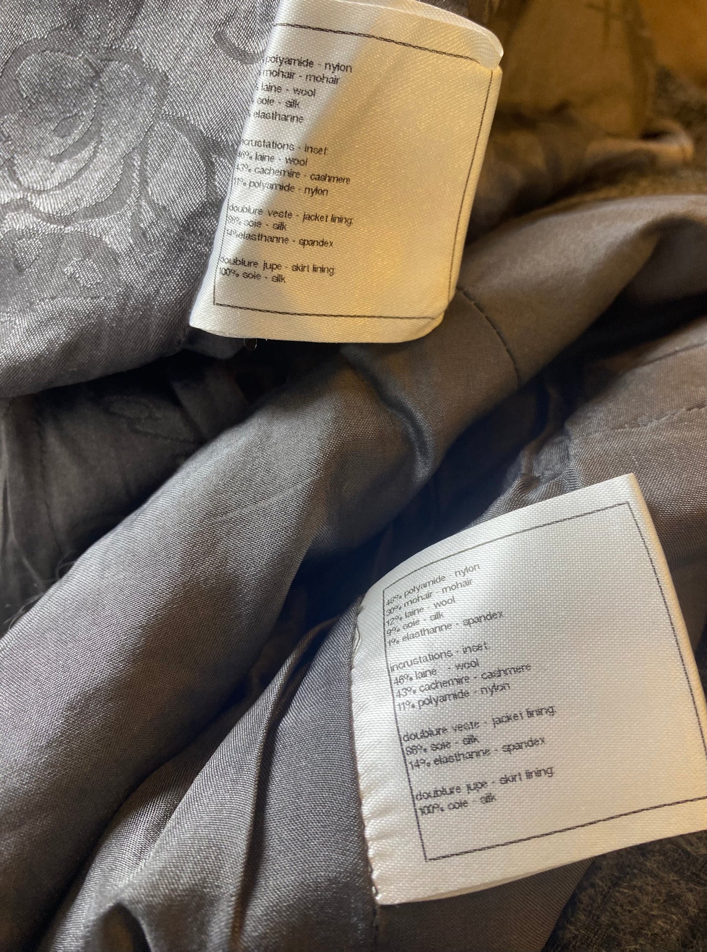 Chanel 11A Textured Gray Asymmetrical Wool Jacket Matching Skirt Suit FR 38
