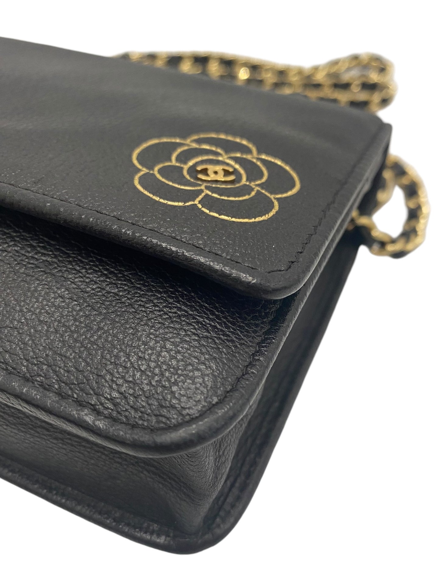 Chanel Grained Black Leather Camellia Wallet On Chain WOC Shoulder Bag GHW