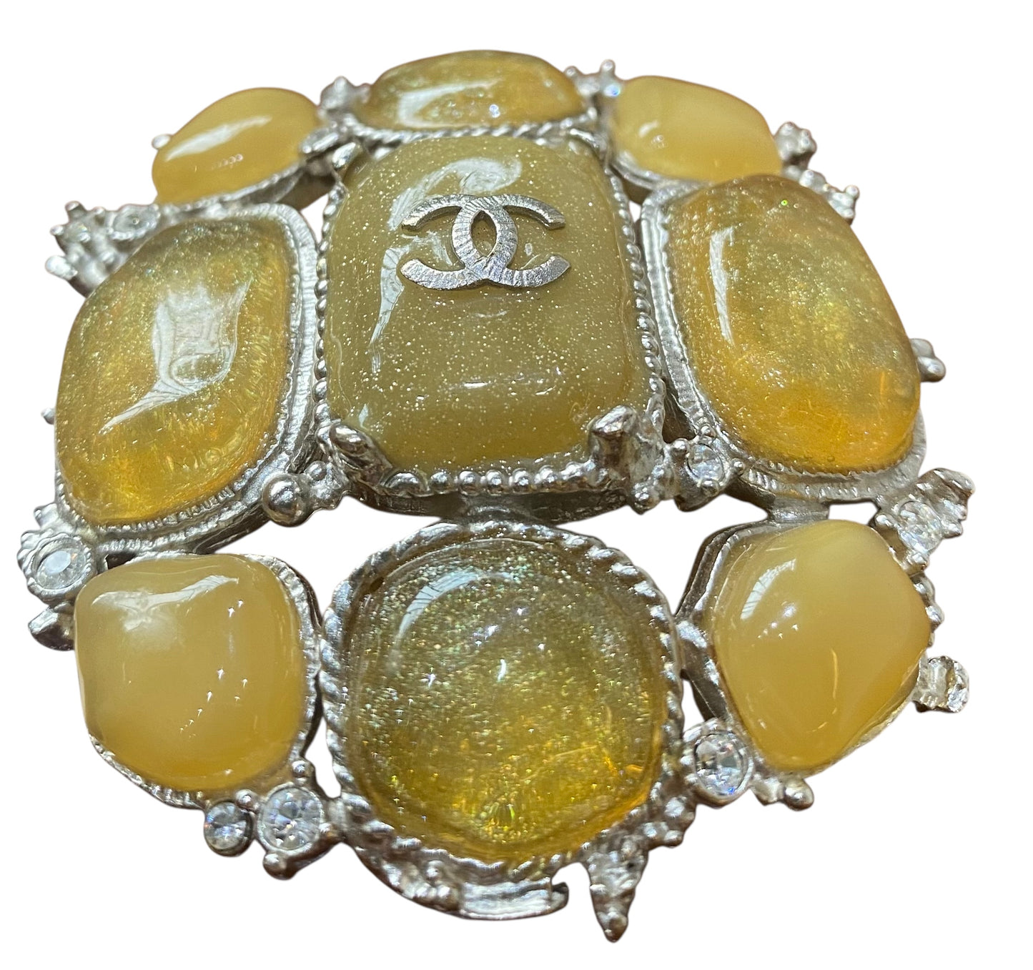 Chanel 10A XL CC Yellow Cabochon Stones Gold Crystals Brooch