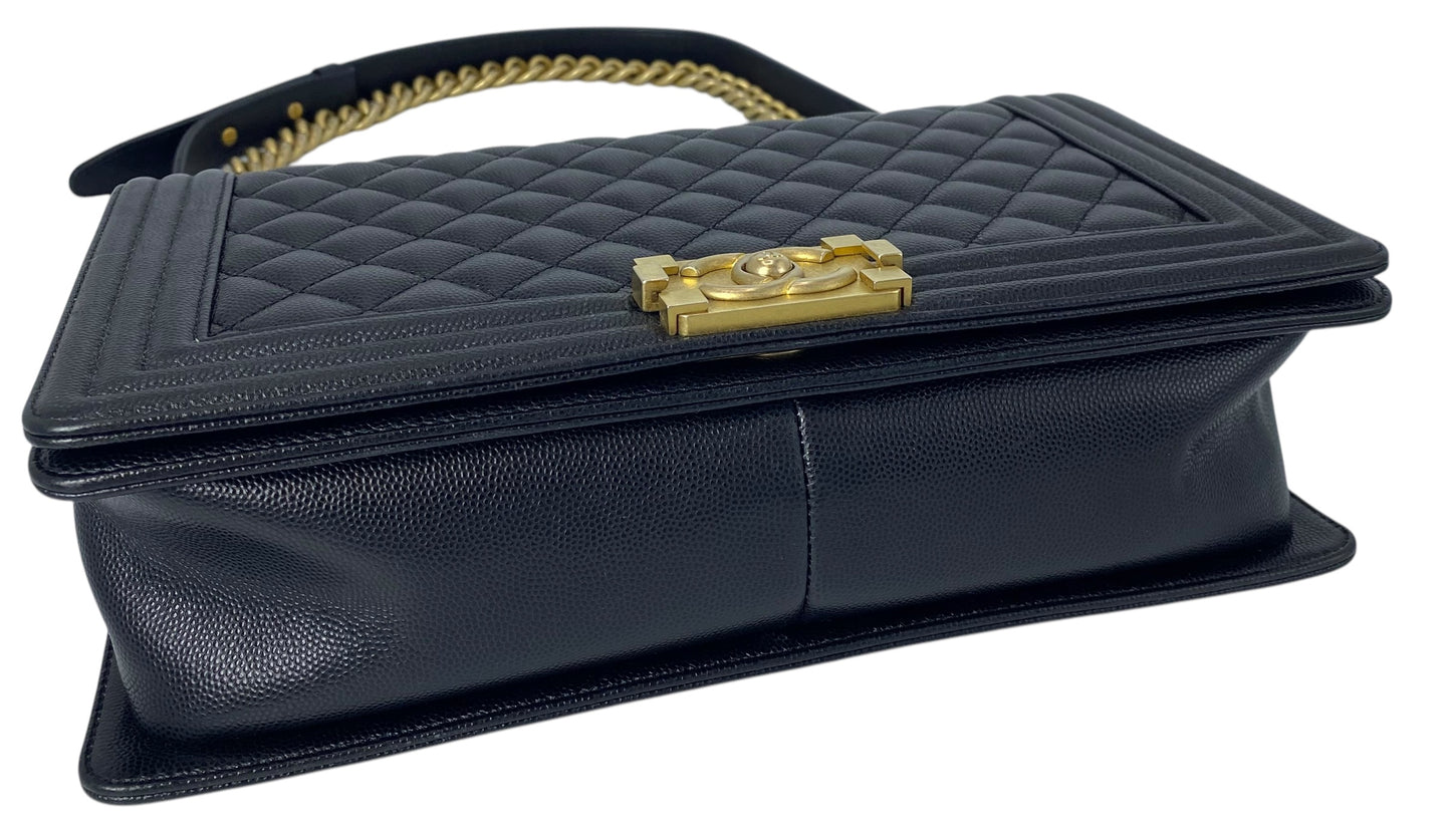 Chanel 2019 Black Caviar New Medium Boy Bag Aged Gold Hardware