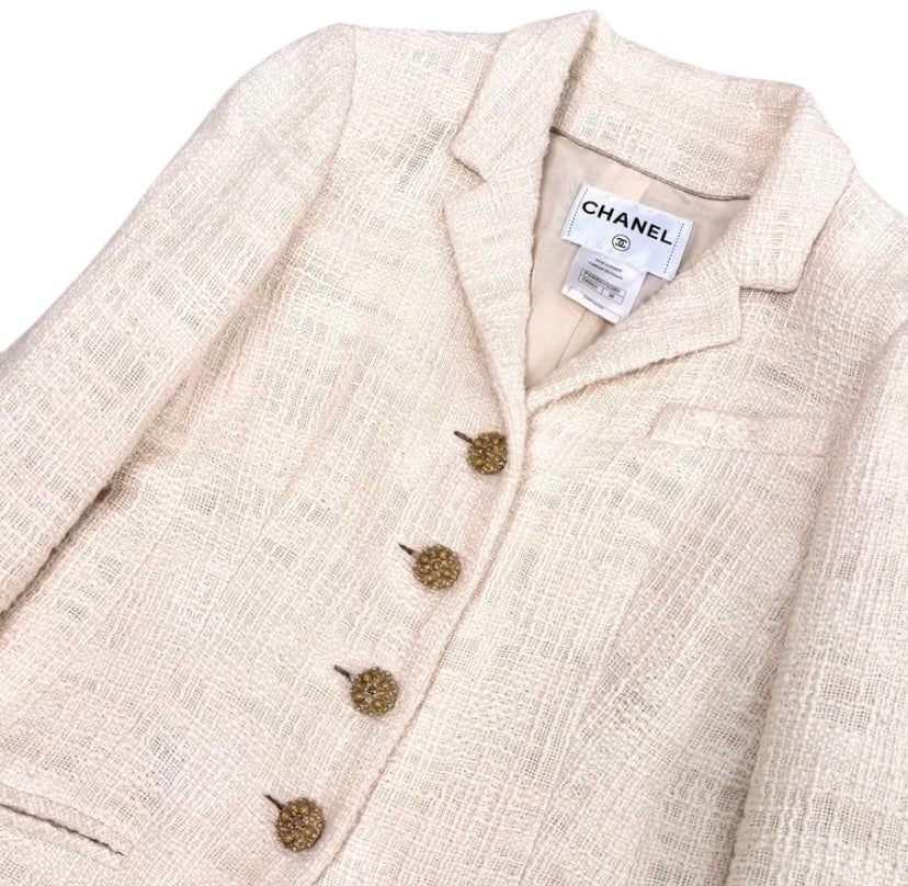 Chanel 12A Paris-Bombay Runway Ivory Ecru Cotton Blazer Long Jacket FR 38